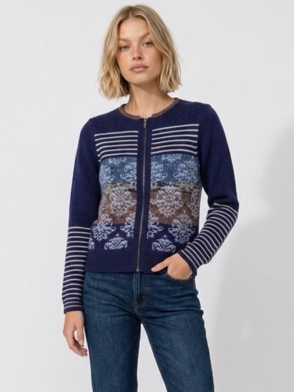 ANTHROPOLOGIE SPARROW Navy Floral Zip-Front Cardigan with Stripes SIZE MEDIUM